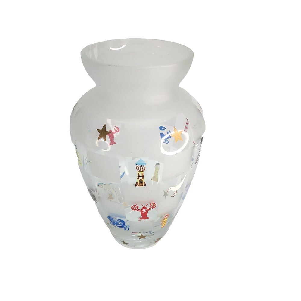 Lenox Lighthouse Splendor Glass Vase 8.5" Hand painted Nautical Beach Frosted - Picture 3 of 11